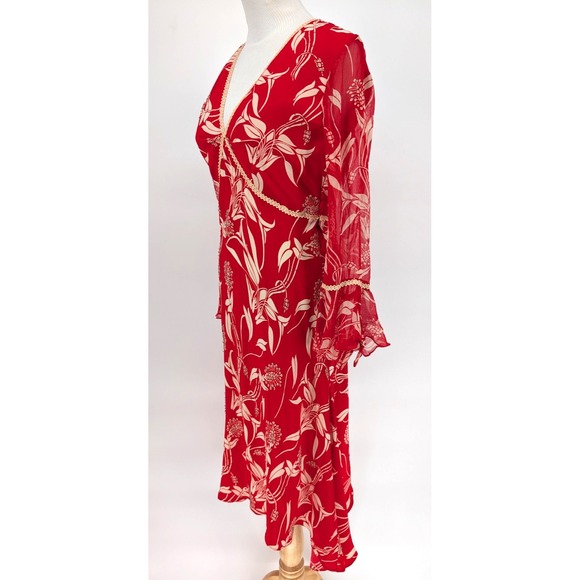 VTG 90s Y2K Red Silk Babydoll Boho Whimsigoth Beaded Bias Cut Chiffon Midi Dress - Picture 4 of 15